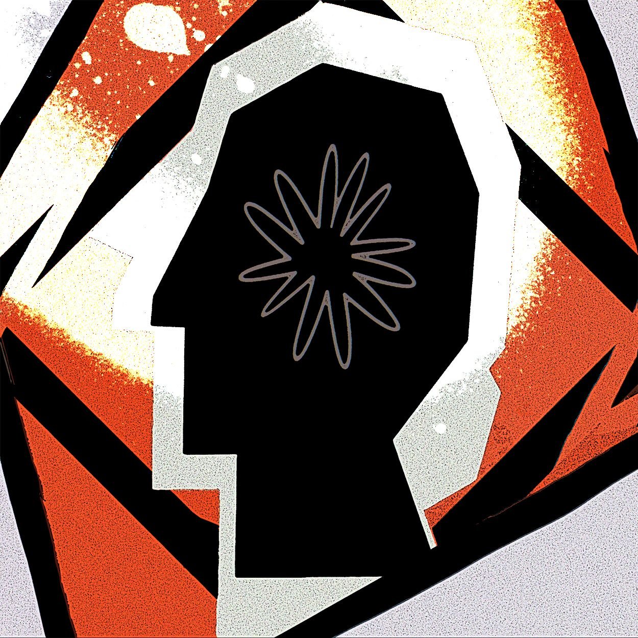 An illustration features a black coffin-shaped form containing a white starburst design, set against a textured orange, white, and black abstract background.