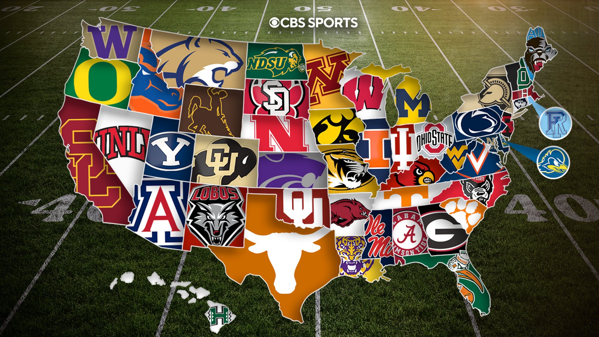 A CBS Sports graphic displays a map of the United States filled with various college football team logos, set against a football field background with yard lines.
