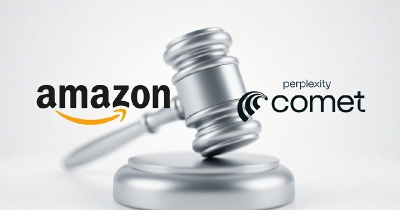Graphic illustration showing a silver gavel positioned between the Amazon and Perplexity Comet logos against a white background.