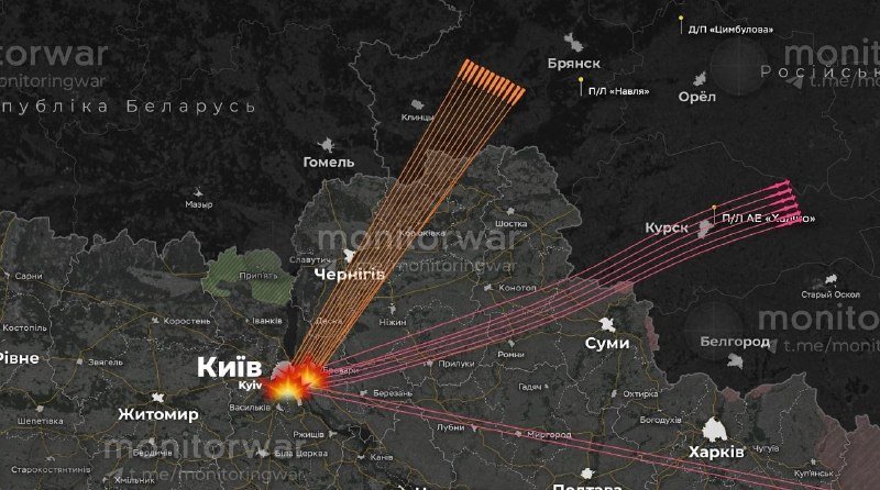 A dark map displays glowing orange and pink trajectory lines converging on Kyiv, with Cyrillic text labeling surrounding cities and a watermark reading "monitoringwar."