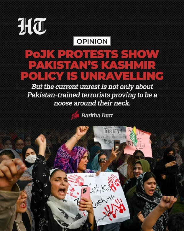 A news graphic from "HT Opinion" features masked women protesting at night, shouting and holding signs and a poster marked with red handprints reading "Kashmir."