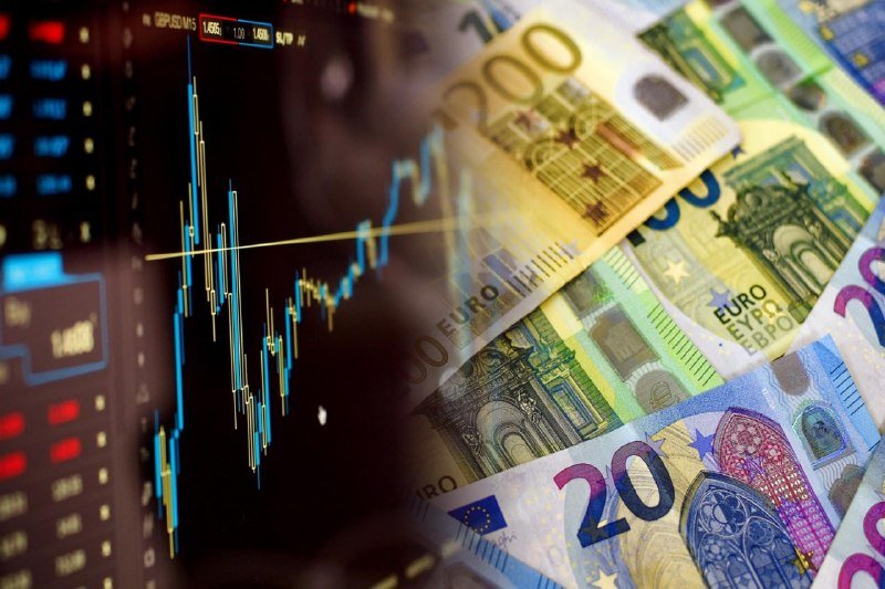 A split image shows a financial candlestick chart with numerical data on the left and overlapping Euro banknotes, including 200 and 20 denominations, on the right.
