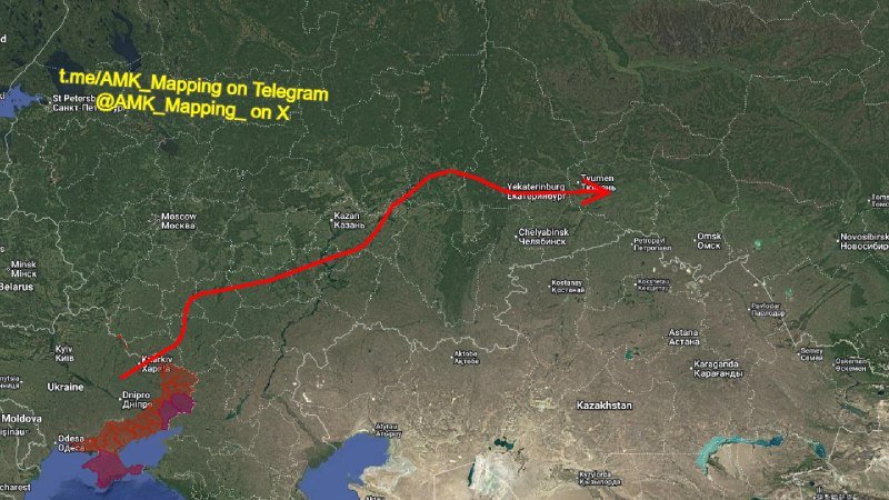 A satellite map graphic displays a red line tracing a path eastward from southern Ukraine across Russia toward the Ural region, with shaded areas near Kherson.