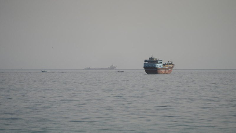A large cargo ship and two smaller boats float on a calm, hazy sea under an overcast sky, with distant vessels faintly visible on the horizon.