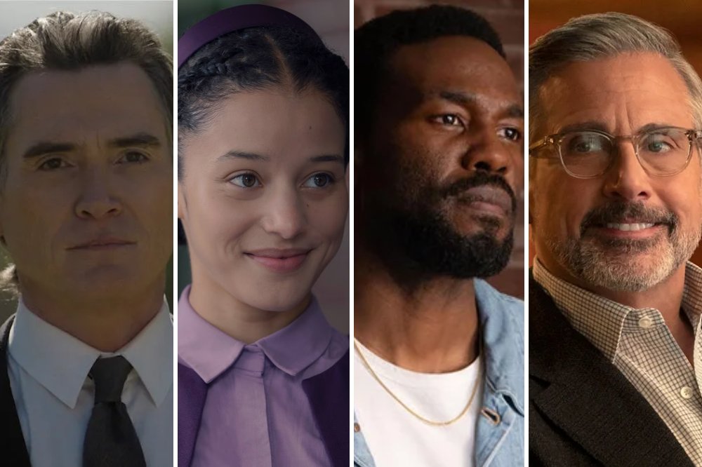 A four-panel composite image showing close-up portraits of four individuals: a man in a dark suit and tie, a young woman with braided hair wearing a purple top, a bearded man in a denim shirt, and a smiling man with glasses in a checkered shirt.