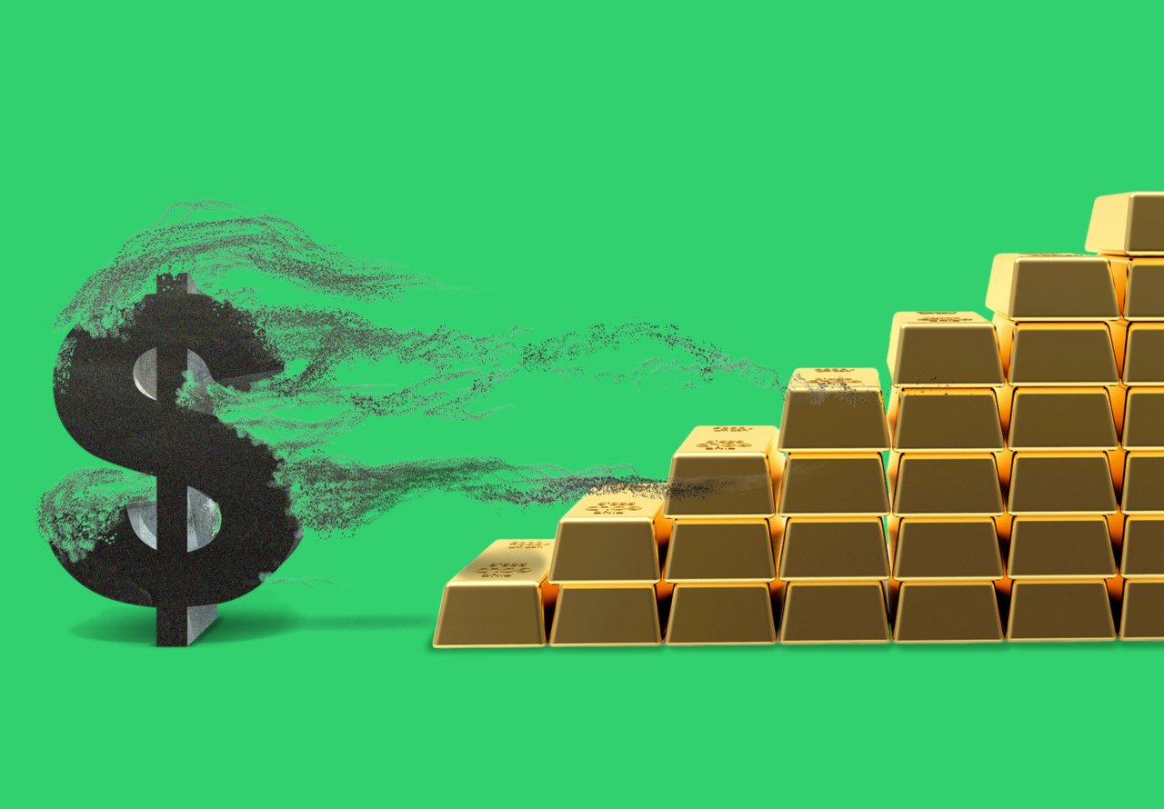 Graphic illustration on a green background showing a black dollar sign dissolving into particles, drifting toward a stepped pyramid of gold bars.