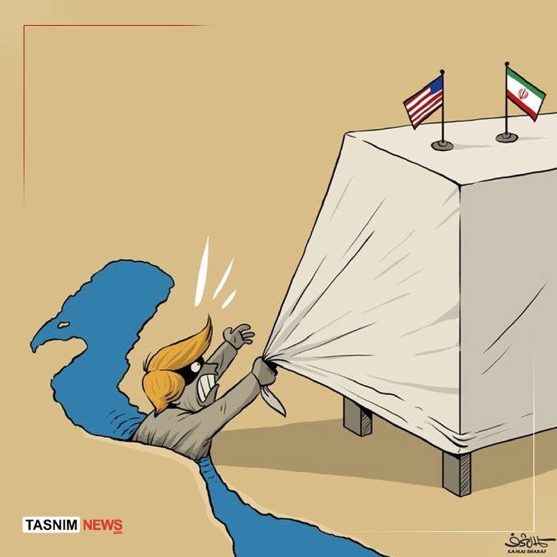 A political cartoon depicts a masked figure with blonde hair tugging a white tablecloth, revealing a figure underneath shaped like a map, with US and Iranian flags atop the table.