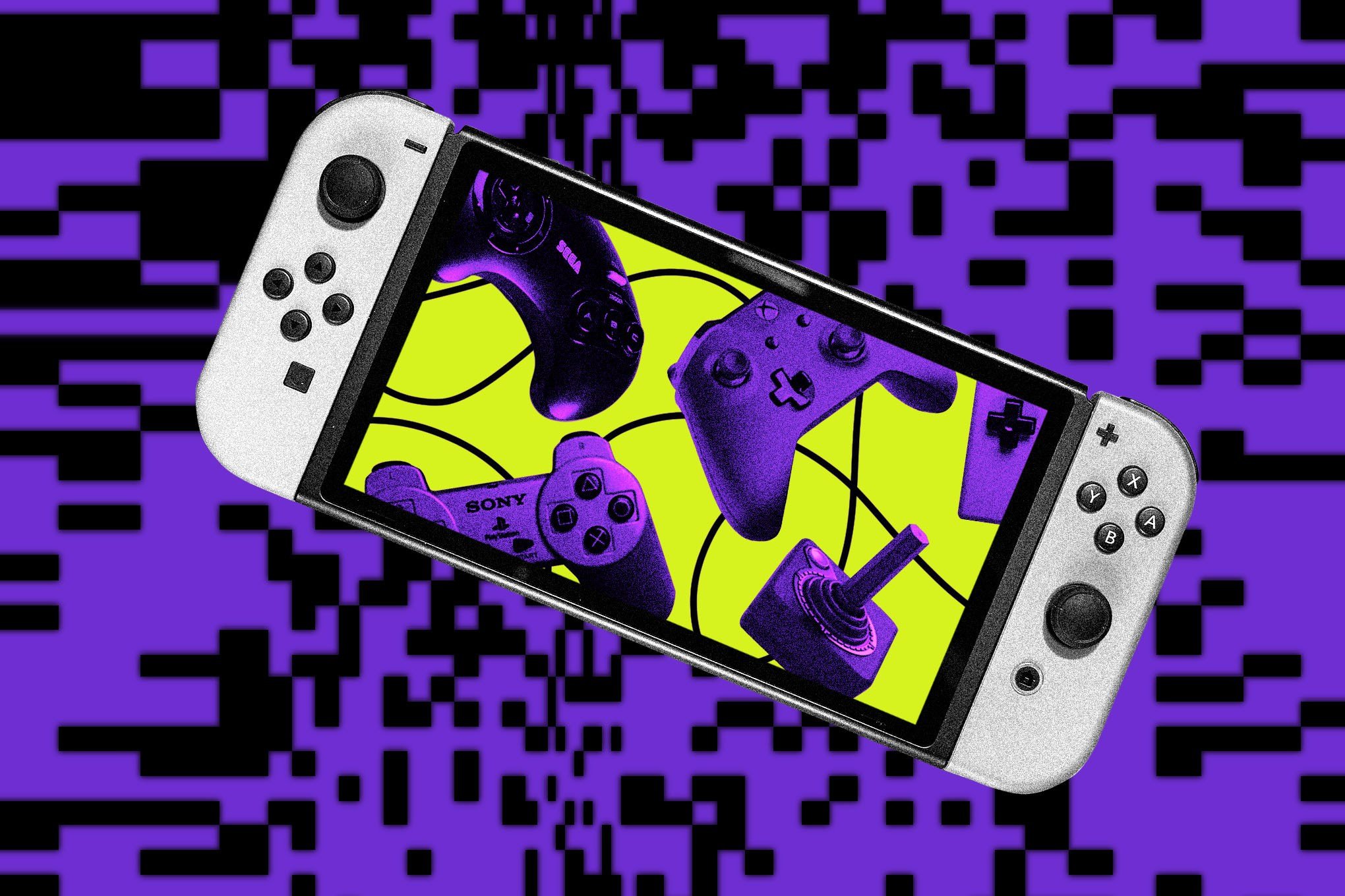 A graphic illustration shows a handheld gaming console with attached controllers, its screen displaying purple video game controllers and a joystick against a yellow background.