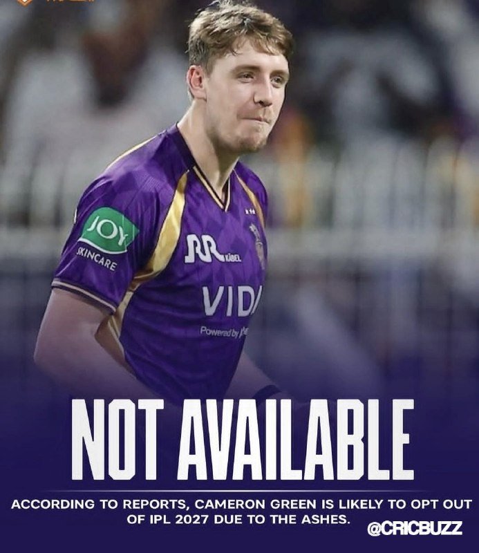 A graphic displays a cricket player in a purple and gold Kolkata Knight Riders jersey with the text "NOT AVAILABLE" below his image.