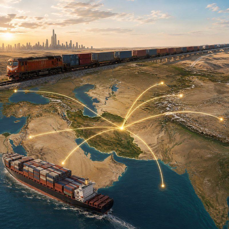 Digital illustration depicting a freight train and container ship connected by glowing arcs across a map spanning the Middle East to South Asia, with a city skyline in the background.