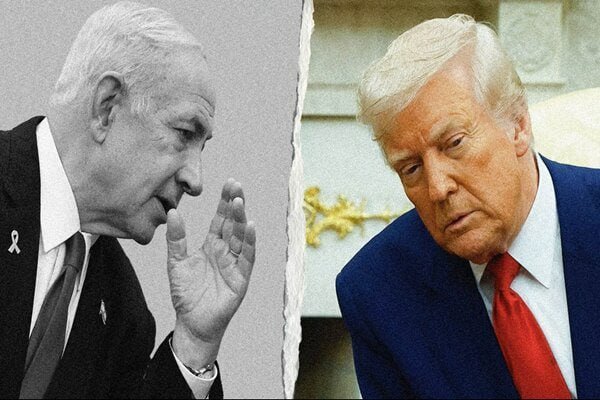Split image showing an older man in a suit gesturing with his hand beside a torn-paper effect and a man with blonde hair in a blue suit and red tie looking downward.
