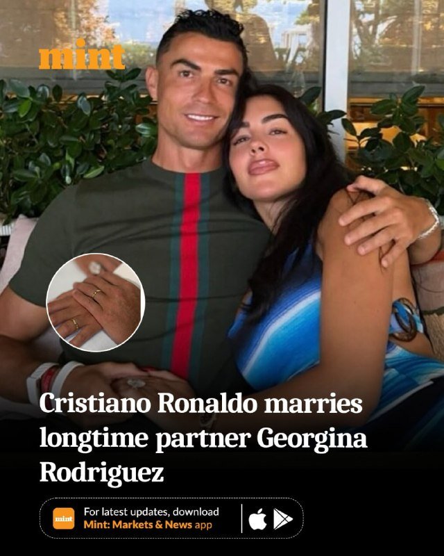 A man and woman embrace and smile at the camera, with a circular photo inset showing hands with rings; the image contains the "mint" logo and text reading "Cristiano Ronaldo marries longtime partner Georgina Rodríguez."