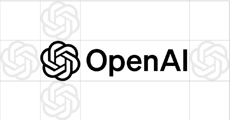 The OpenAI logo and wordmark are displayed in black on a white background with a grid pattern of faded logos.