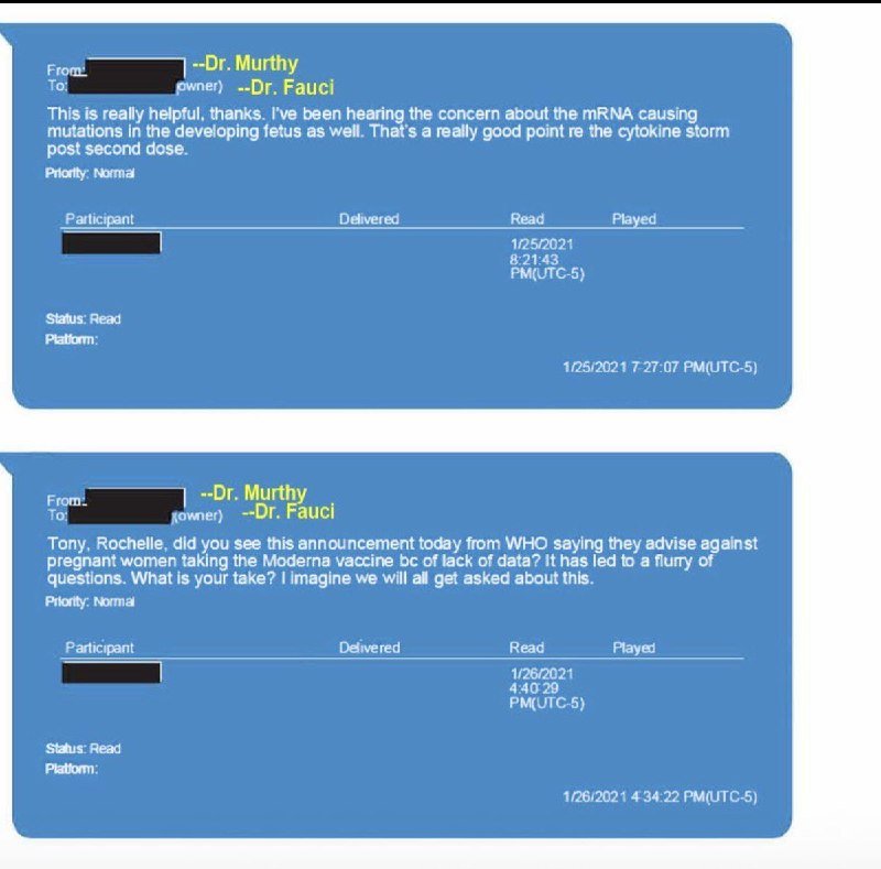 Two blue email screenshots show messages from "Dr. Murthy" to "Dr. Fauci" discussing mRNA vaccine concerns, dated January 25 and 26, 2021.
