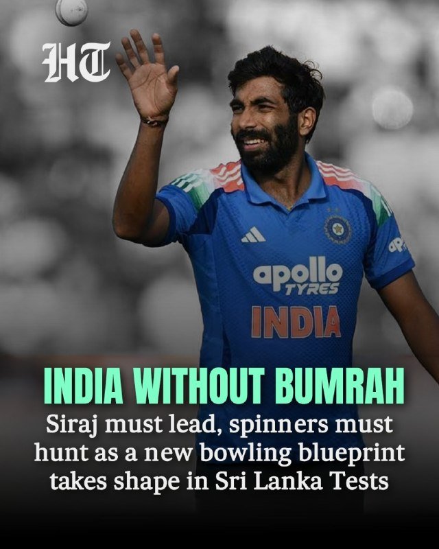 A bearded cricketer in a blue India jersey waves his hand toward a ball, with "HT" and "INDIA WITHOUT BUMRAH" text overlay.