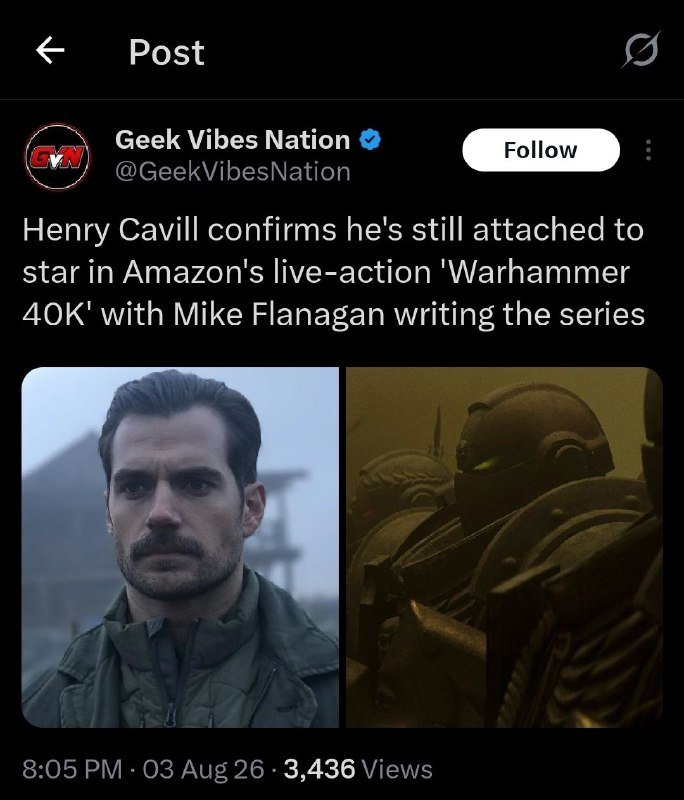 A screenshot of a social media post from "Geek Vibes Nation" featuring a side-by-side image of a bearded man in a jacket and armored figures, with text about Warhammer 40K casting.