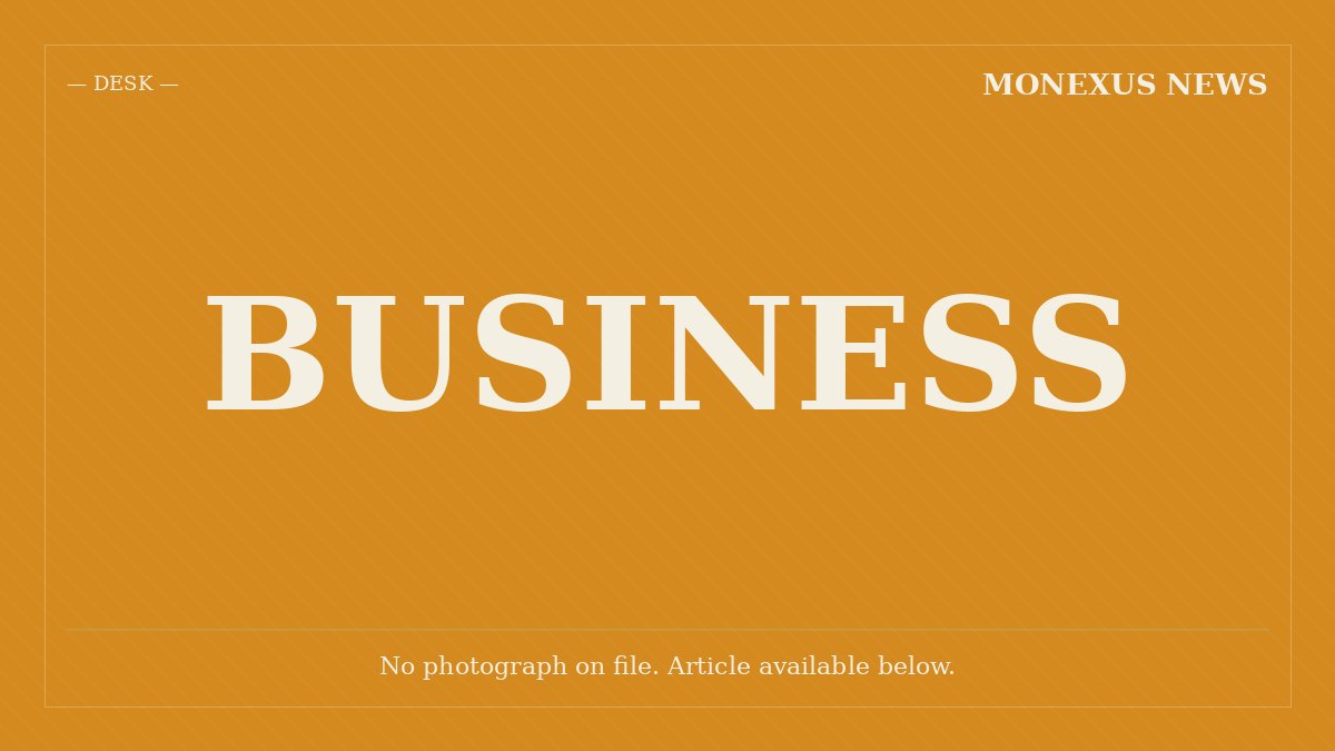 Orange placeholder graphic displaying "MONEXUS NEWS — DESK," the word "BUSINESS," and text reading "No photograph on file. Article available below."
