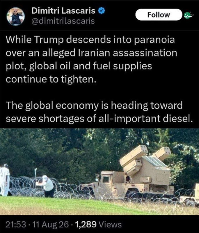 A social media screenshot from user "Dimitri Lascaris" displays text about Trump and global fuel shortages above an image of military personnel near a missile-defense vehicle behind barbed wire.