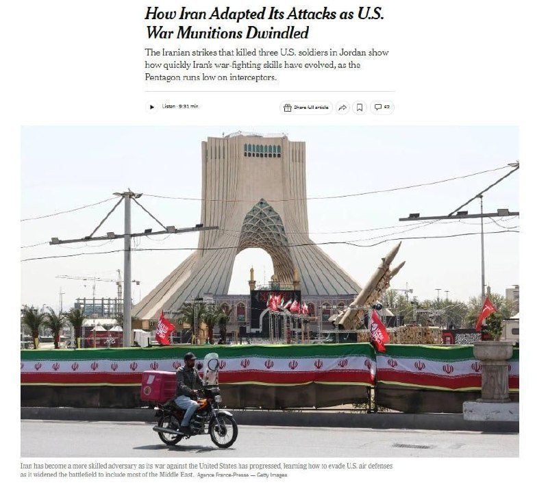 A news article titled "How Iran Adapted Its Attacks as U.S. War Munitions Dwindled" features a photo of a man riding a motorcycle past a display of missiles and flags in front of a large tower.