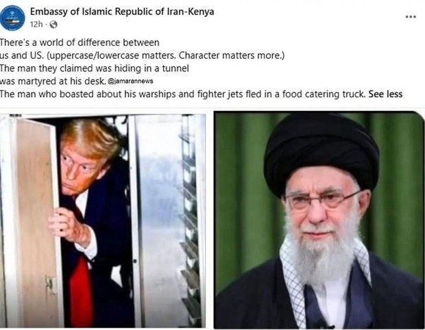A social media screenshot from the Embassy of Islamic Republic of Iran-Kenya shows text alongside side-by-side photos: one of a man peeking from behind a door, another of a bearded man in a black turban.