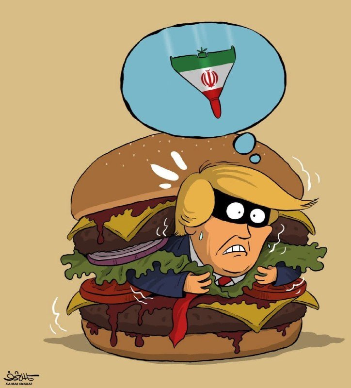 Political cartoon illustration shows a masked man with blonde hair squeezed between burger ingredients, with a thought bubble containing a funnel painted with Iran's flag.