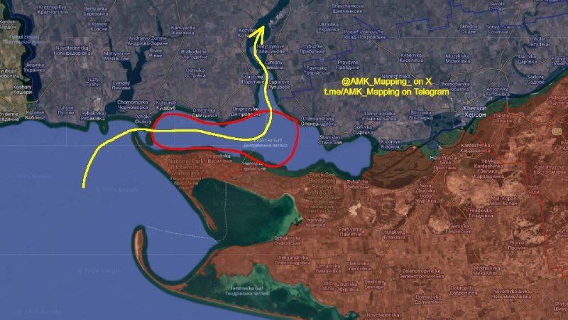 A satellite map shows a coastal region with red and yellow arrows drawn over waterways and land, labeled "@AMK_Mapping_on_X_Lme/AMK_Mapping on Telegram."