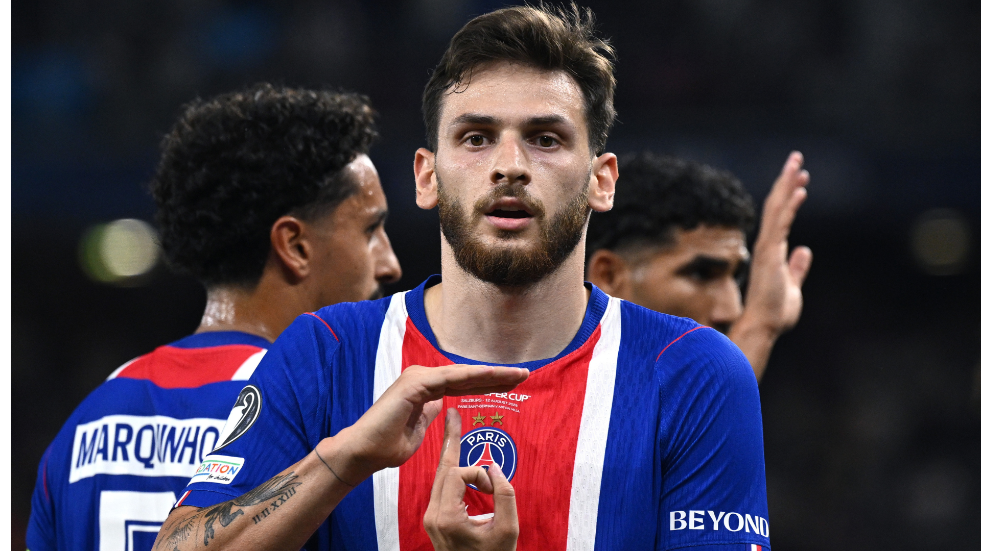 Khvicha Kvaratskhelia and Desire Doue scored as Paris Saint-Germain beat Aston Villa 2-1 in the 2026 UEFA Super Cup on 12 August 2026.
