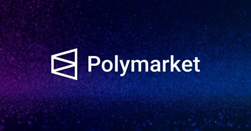 A digital graphic displays the Polymarket logo and wordmark in white against a dark blue and purple gradient background with speckled texture.
