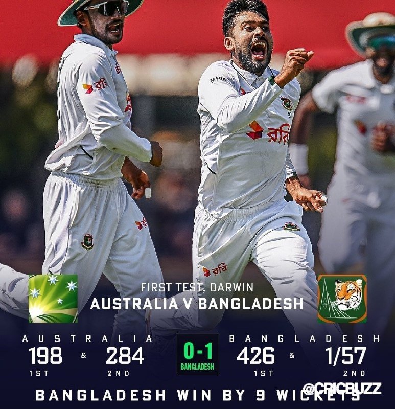 Cricket graphic showing Bangladesh players celebrating, with match stats: "First Test, Darwin, Australia v Bangladesh, Bangladesh win by 9 wickets."