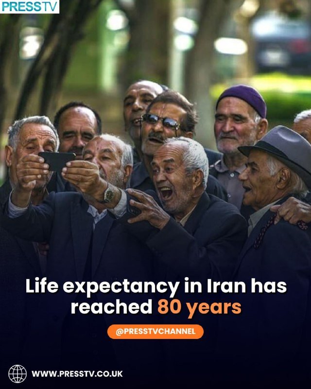 A group of older men gather outdoors, smiling as one holds up a phone to take a selfie, with text reading "Life expectancy in Iran has reached 80 years."