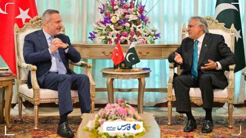 Two men in suits sit in ornate chairs facing each other, gesturing during a meeting, with Turkish and Pakistani flags and a floral arrangement displayed between them.