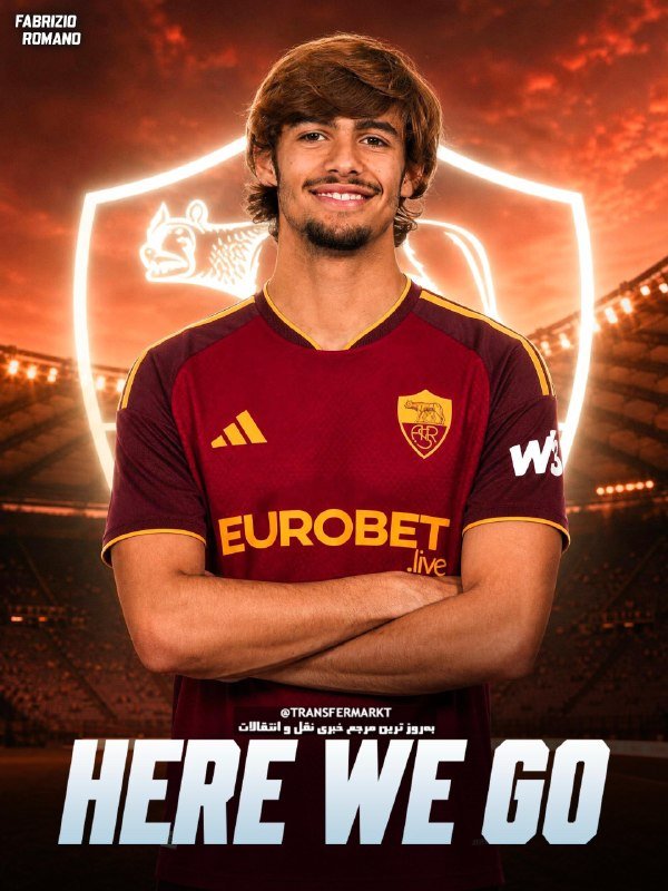 A digitally rendered graphic shows a smiling man in a maroon and gold "EUROBET" jersey with crossed arms, set against a fiery stadium background featuring the AS Roma crest and "HERE WE GO" text.