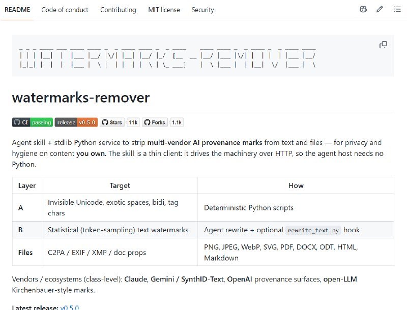 A GitHub repository page titled "watermarks-remover" displays a stylized ASCII logo, project description, CI/release badges, and a table detailing watermark removal layers for text and files.