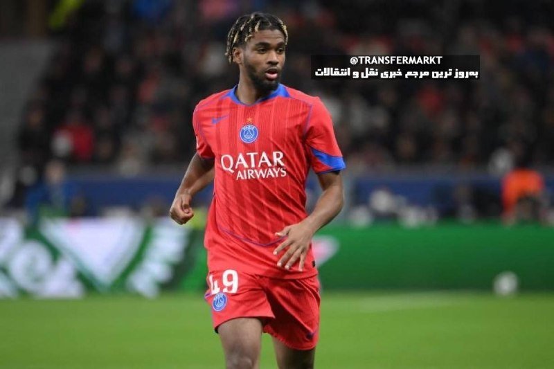 A bearded soccer player with braided hair runs on a pitch wearing a red Paris Saint-Germain kit featuring the "QATAR AIRWAYS" sponsor logo and the number 49.