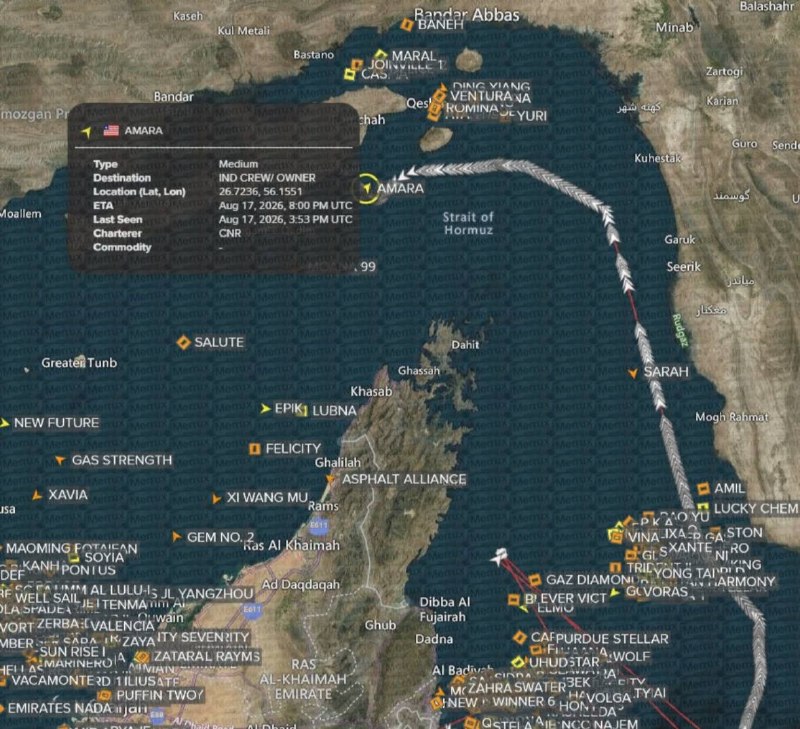Image circulated by Middle East Spectator on 17 August 2026 showing reported Iranian naval activity near the Strait of Hormuz, hours after Iranian-aligned outlets said Tehran had seized a UAE-flagged tanker.