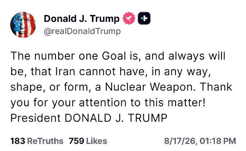 Screenshot of the Trump post captured and circulated on 17 August 2026.