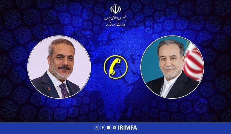 A graphic displays two men's portraits in circular frames separated by a phone icon, with a "Ministry of Foreign Affairs of Iran" emblem above and social media handles for "IRIMFA" below.