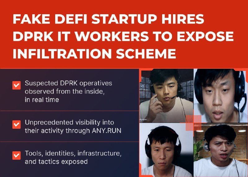 A graphic with a red header reading "FAKE DEFI STARTUP HIRES DPRK IT WORKERS TO EXPOSE INFILTRATION SCHEME" alongside four webcam photos of individuals wearing headsets.