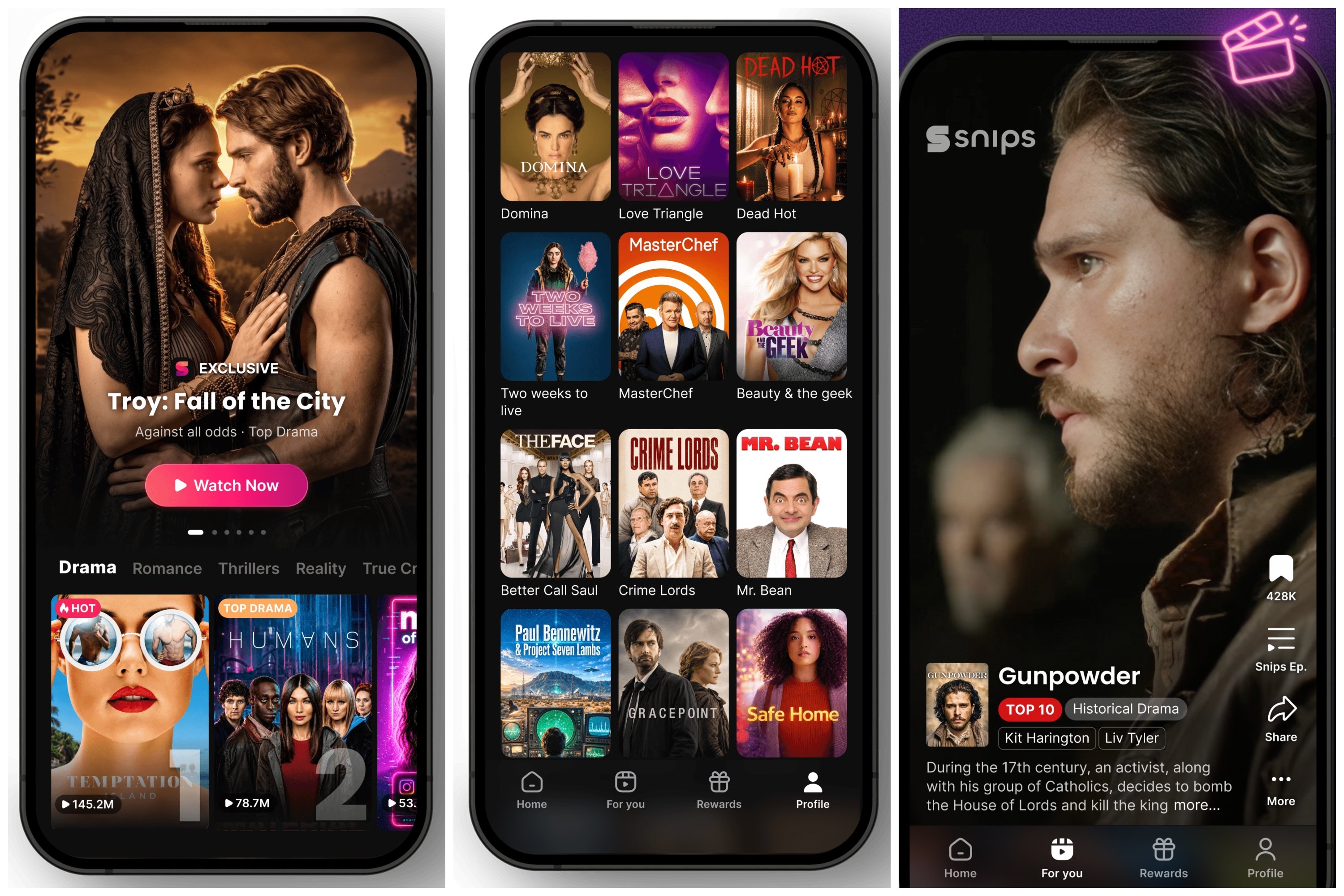 Three smartphone screens display a streaming app interface, featuring a home screen with featured drama "Troy: Fall of the City," a content grid showcasing various shows, and a detail page for "Gunpowder."