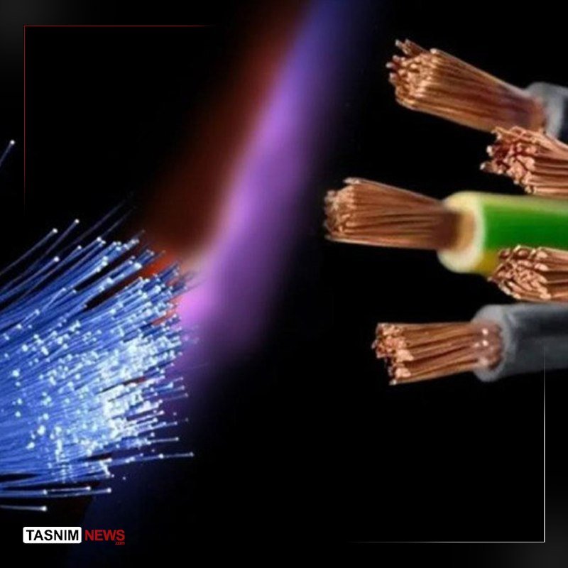 An image showing stripped electrical cables with exposed copper wire strands on the right, alongside glowing blue fiber optic strands and a purple flame against a black background.
