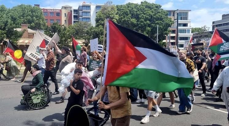 A crowd marches down a street carrying large Palestinian flags, protest signs reading "FREE PALESTINE" and "GAZA," with one participant in a wheelchair, set against a backdrop of trees and buildings.