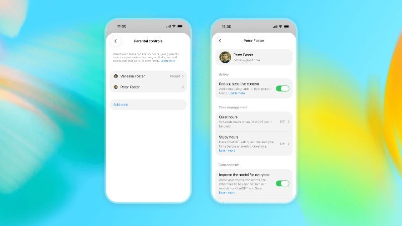 Two smartphone screens display parental control settings for an AI assistant, showing options for reducing sensitive content, setting quiet and study hours, and toggling on data controls.