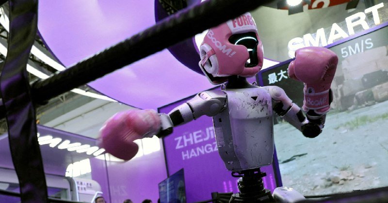 A humanoid robot wearing pink "BOOM!" boxing gloves and a headguard stands in a boxing ring with purple "SMART" branding visible behind it.
