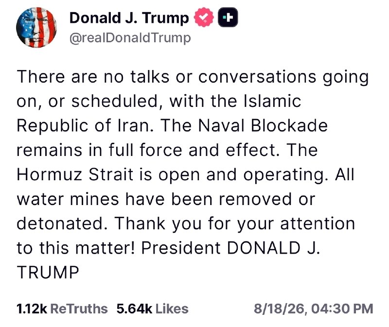 Screenshot relay of President Trump's Truth Social post on Iran, 13:33 UTC on 18 August 2026.