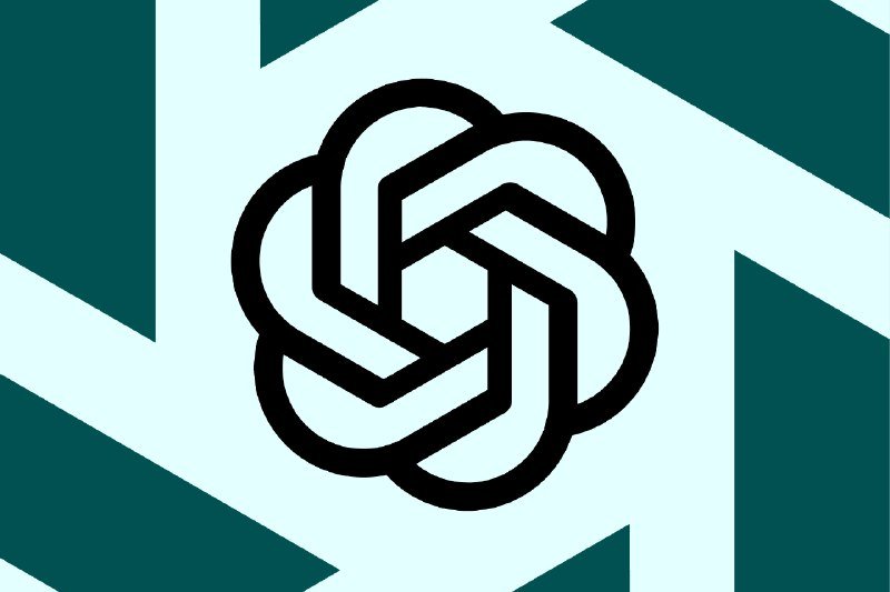 A black-and-white interlaced knot logo appears centered on a teal and light-blue geometric background.
