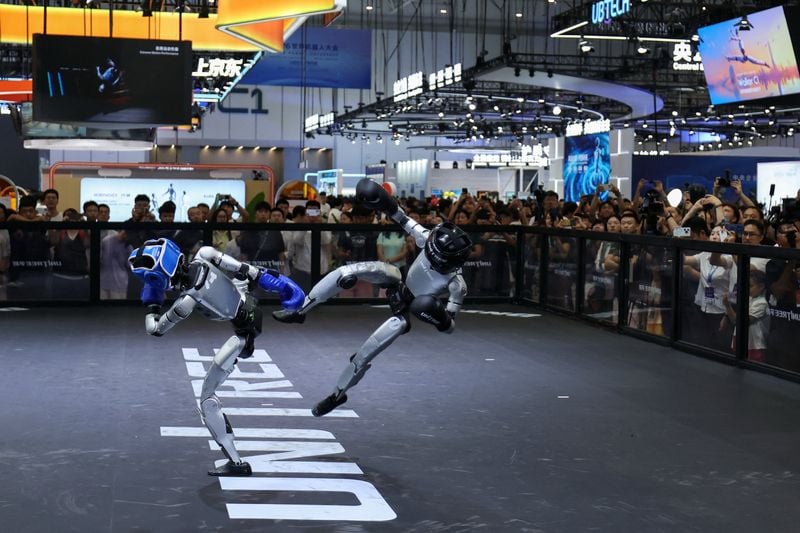 Humanoid robots on display at the World Robot Conference in Beijing, where Chinese manufacturers framed 2026 as the year of commercial reckoning.