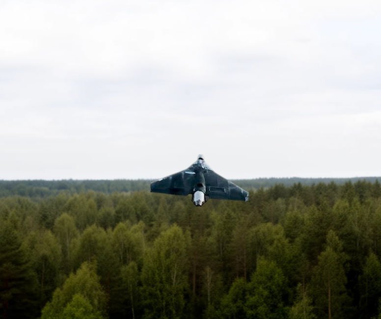 A dark stealth fighter jet flies low over a dense green forest under a cloudy gray sky.