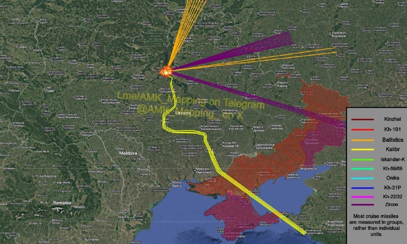 A satellite map of Ukraine and surrounding regions displays colored trajectory lines converging on a central point, with a legend identifying missile types like Kinzhal, Kalibr, and Ballistics.
