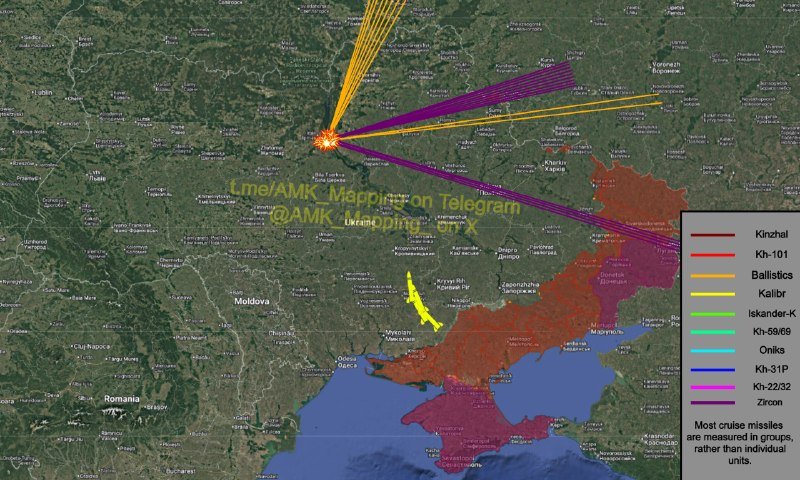 Satellite map of Ukraine and surrounding regions displays colored trajectory lines converging on a central impact point, with a legend listing missile types including Kinzhal, Kh-101, and Iskander-K.