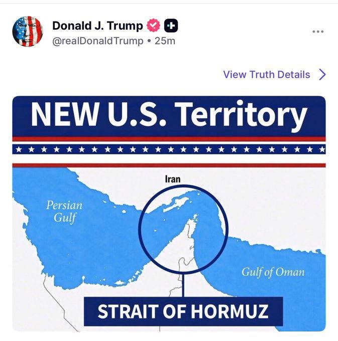 A screenshot of a post by Donald J. Trump displays a graphic labeled "NEW U.S. Territory" with a map highlighting Iran, the Persian Gulf, and the Strait of Hormuz.